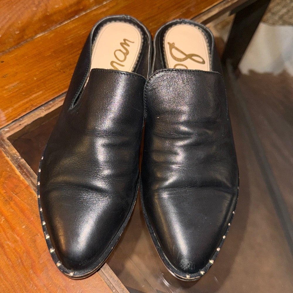 Black Leather Slip-On Mules